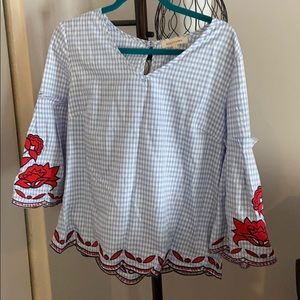 Gingham embroidred bell sleeve blouse